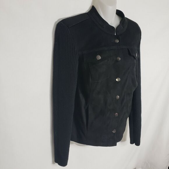 Ruff Hewn Women Jacket Medium M Faux Suede Knit Button Down Long Sleeve Black - Picture 4 of 10